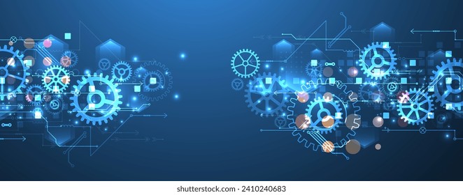 Gear wheel technology pattern on blue gradient background. Hand drawn vector.