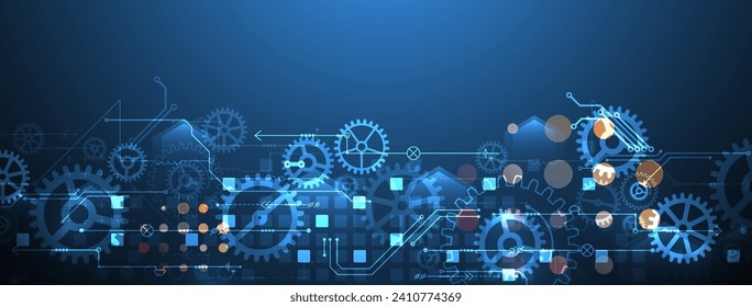 Gear wheel technology pattern on blue gradient background. Hand drawn vector.