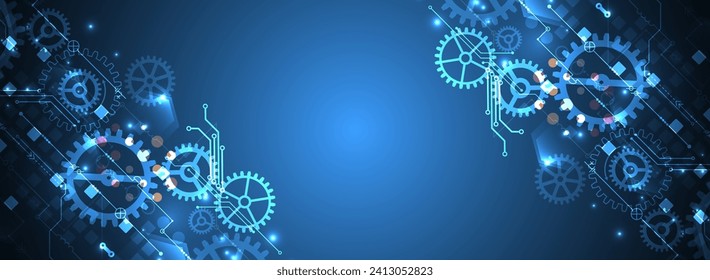 Gear wheel technology pattern on blue gradient background. Hand drawn vector.