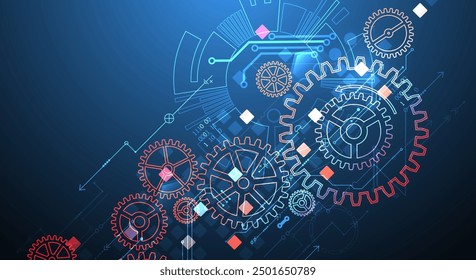 Gear wheel technology pattern on gradient background. Hand drawn vector.