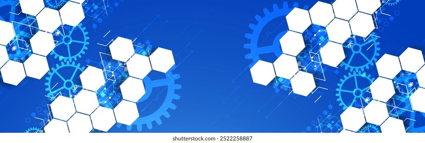 Patrón de tecnología de rueda dentada sobre fondo degradado azul con hexágonos. Vector dibujado a mano.