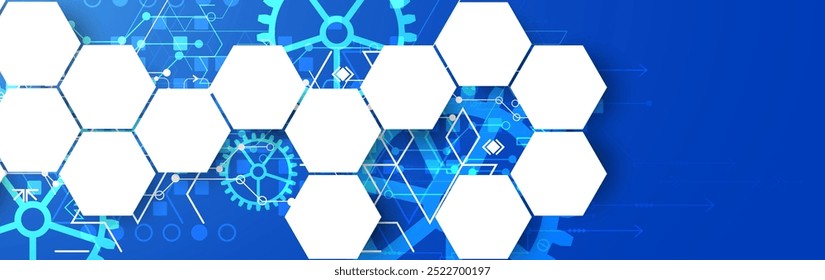 Gear wheel technology pattern on blue gradient background with hexagons. Hand drawn vector.