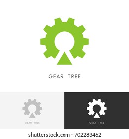 Gear wheel tree logo - green plant and pinion symbol. Ecology, nature and industry vector icon.