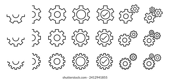 Schaltrad-Vektorsymbol-Set. Maschinensymbol. Funktion Fortschritt zwei Getriebe Räder Schilder. Konfigurationssymbol in schwarzer Farbe