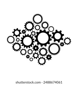 Ilustración del juego de Vectores de rueda dentada. Símbolo de rueda dentada de tecnología de maquinaria. Motor de ruedas de engranajes de ajuste de trabajo. Rotación técnica de configuración. Símbolo de mecanismo industria de fábrica en color blanco negro