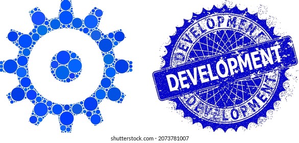 Gear wheel vector mosaic of circle dots in various sizes and blue color shades, and grunge Development stamp seal. Blue round sharp rosette stamp seal contains Development caption inside.