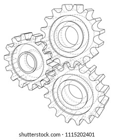 Gear wheel. Vector rendering of 3d. Wire-frame style. 3D view layers of visible and invisible lines are separated.