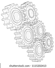 Gear wheel. Vector rendering of 3d. Wire-frame style. 3D view layers of visible and invisible lines are separated.