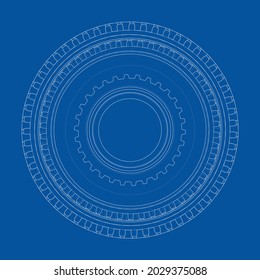 Gear wheel. Vector rendering of 3d. Wire-frame style. The layers of visible and invisible lines are separated. Front view