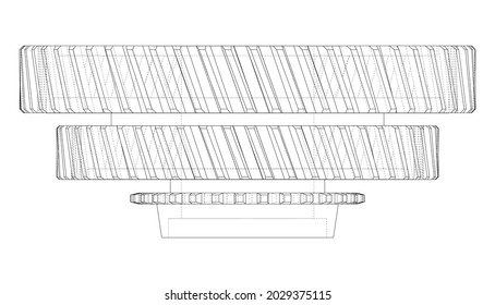 Gear wheel. Vector rendering of 3d. Wire-frame style. The layers of visible and invisible lines are separated