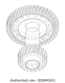 Gear wheel. Vector rendering of 3d. Wire-frame style. The layers of visible and invisible lines are separated. Orthography