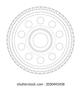 Gear wheel. Vector rendering of 3d. Wire-frame style. The layers of visible and invisible lines are separated. Front view