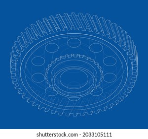 Gear wheel. Vector rendering of 3d. Wire-frame style. The layers of visible and invisible lines are separated. Orthography