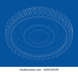 Gear wheel. Vector rendering of 3d. Wire-frame style. The layers of visible and invisible lines are separated. Orthography