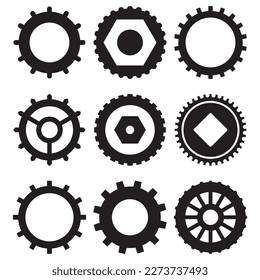 Gear wheels black silhouette collection of cogwheels. Vector industrialization and factory, production of manufacturing machine parts illustration