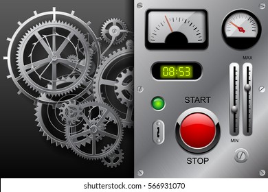 Gear wheels in black and white and metallic dashboard panel with clockwork set of meters, buttons and other machinery parts on metallic background. Vector illustration