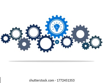 ruedas de engranajes y bombilla azul que simbolizan la idea o la solución.ilustración vectorial
