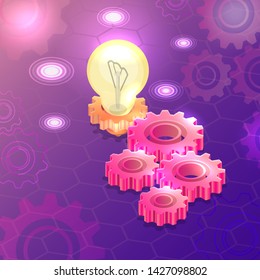 Gear wheels and the burning lamp. Innovative technologies. Idea business. Technical progress. Digital modern background. Colourful elements of design.3D. Isometry. Vector illustration.