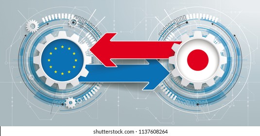 Gear wheels with circuit diagram, arrows and flags of the Japan and EU. Eps 10 vector file.