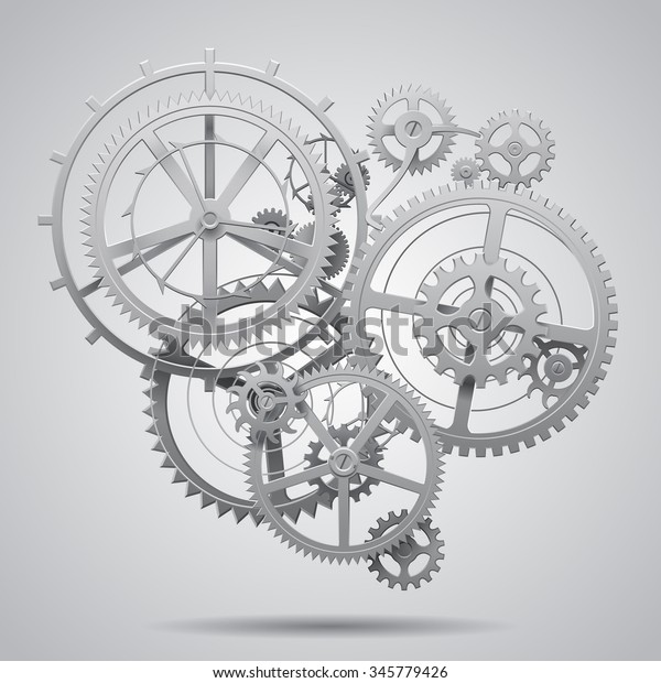 Gear wheels of clockwork\
in black and white on light surface. Techno background. Vector\
Illustration
