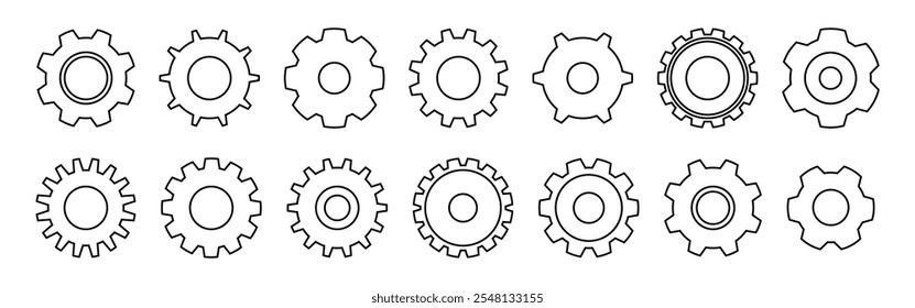 Gear wheels collection, isolated rotating machine parts with cut teeth or cogs. Vector cogwheels set, mechanical systems component to transmit torque after motion. Simple devices for factor industry