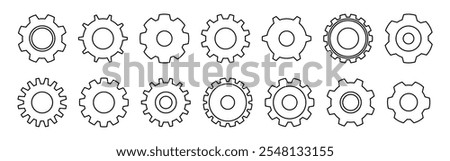 Gear wheels collection, isolated rotating machine parts with cut teeth or cogs. Vector cogwheels set, mechanical systems component to transmit torque after motion. Simple devices for factor industry