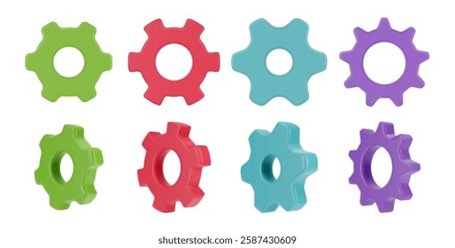 Gear wheels collection, rotating machine parts with cut teeth or cogs. Vector 3d cogwheels set, mechanical systems component to transmit torque after motion. Simple devices for factor industry