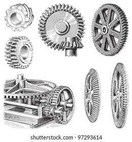 Gear wheels collection / vintage illustration from Meyers Konversations-Lexikon 1897