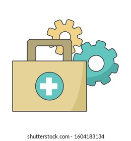 gear wheels and first aid kit over white background, colorful design, vector illustration