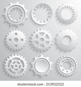 Gear wheels icon set. Nine 3d gears on a gray background. Vector illustration