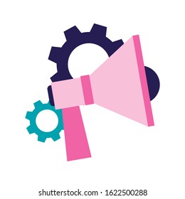 gear wheels and megaphone device icon over white background, vector illustration