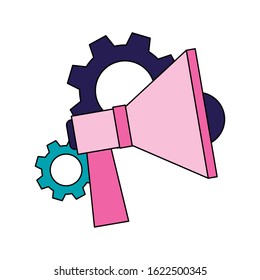 gear wheels and megaphone device icon over white background, colorful design, vector illustration