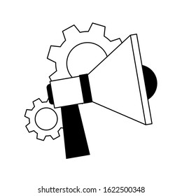 gear wheels and megaphone device icon over white background, flat design, vector illustration