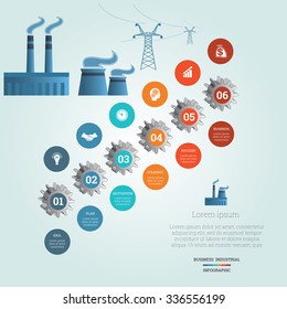 Gear wheels numbered, icons business, Pipe factory smoke, electric transmission lines, industrial infographic template with text areas on six positions