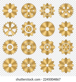 Gear wheels set. Gold metal cog wheels collection. Industrial icons. Gear setting vector icon set. Vector illustration