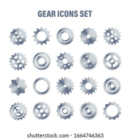 Gear wheels set. Retro vintage metal cogwheels collection. Industrial icons. Vector illustration.