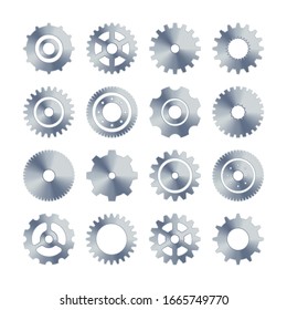 Gear wheels set. Retro vintage metal cogwheels collection. Industrial icons. Vector illustration.