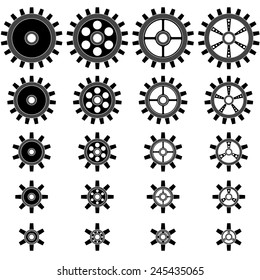 Formas vectoriales de ruedas de engranajes de diferentes tamaños aisladas sobre fondo blanco.