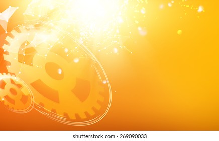 Gear whells shining over orange background. Vector illustration.