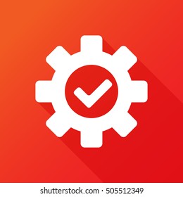 Gear within check mark flat icon. Flat icon with long shadow on red background