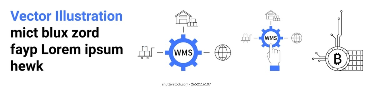 Engrenagem com WMS, ícones globais, engrenagem de mão, símbolo blockchain, casa, armazém Ideal para logística, gerenciamento de depósito, automação, cadeia de fornecimento global, integração blockchain, e-commerce