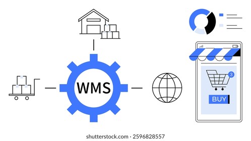 Gear with WMS text connected to warehouse, shopping cart, globe, pie chart and phone with buy button. Ideal for inventory management, e-commerce solutions, automation, logistics optimisation, online