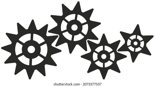 Gear working or cog wheel Symbol on isolated white background.
Four Thoothed black wheels in cooperation.