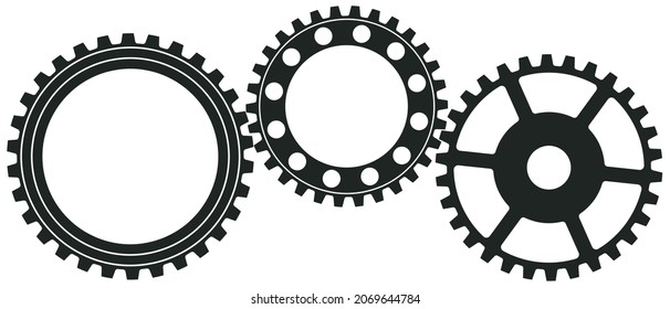 Gear working or cogwheel Symbol on isolated white background.
Three Toothed black wheels in cooperation.