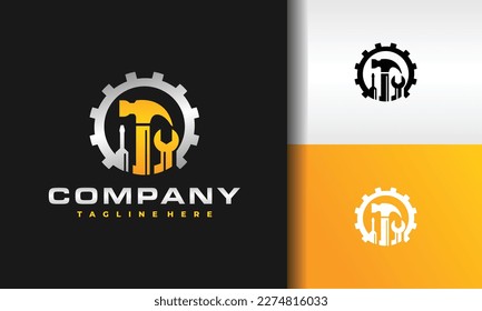 gear workshop hammer logo design