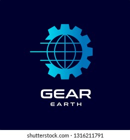 Gear world or earth with fast and speed, fast symbol vector logo template. This logo is suitable for factory, business, technology, automotive, engineer, wheel, industrial.