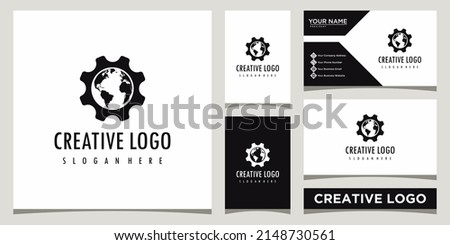 gear and world logo design template with business card design