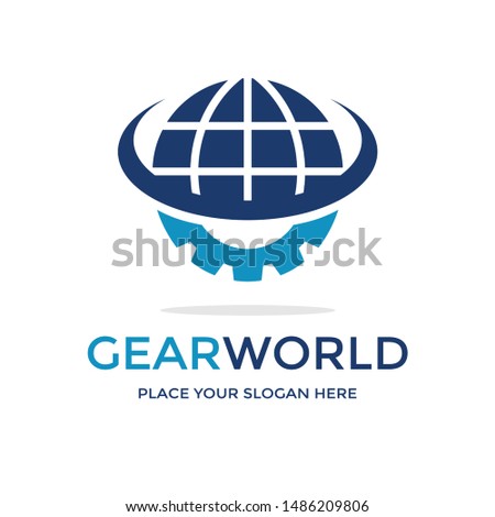 Gear and world vector logo template. Modern design with blue color.
