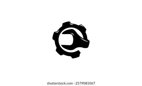 gear and wrench, black isolated silhouette