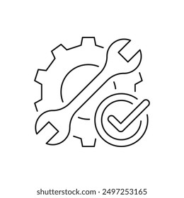 Gear and wrench with checkmark icon line style isolated on white background. Vector illustration